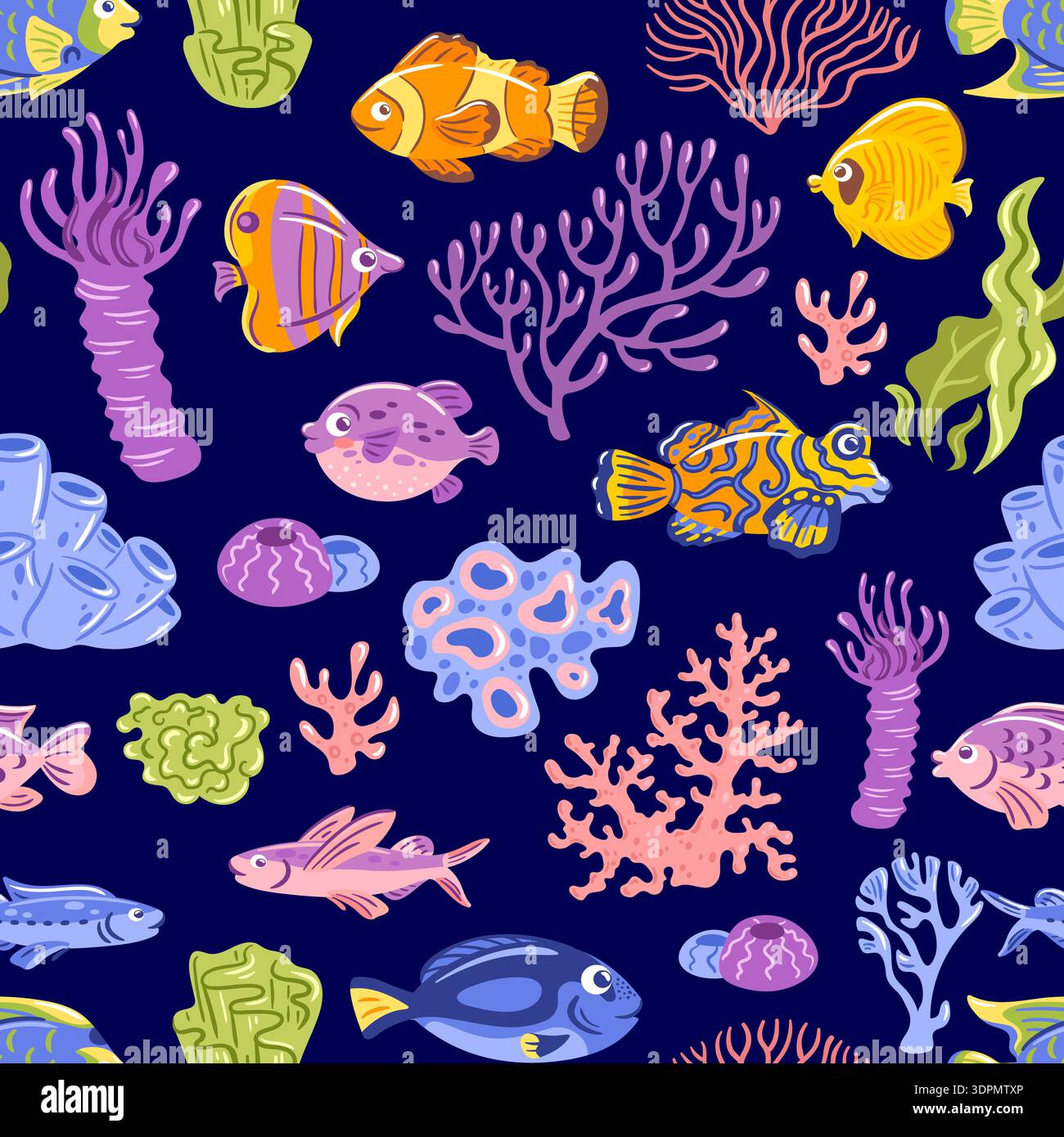 Motif sans couture vibrant avec des poissons tropicaux, des coraux colorés et des algues coulantes. Illustration détaillée de la vie marine vectorielle sur un fond bleu profond Illustration de Vecteur