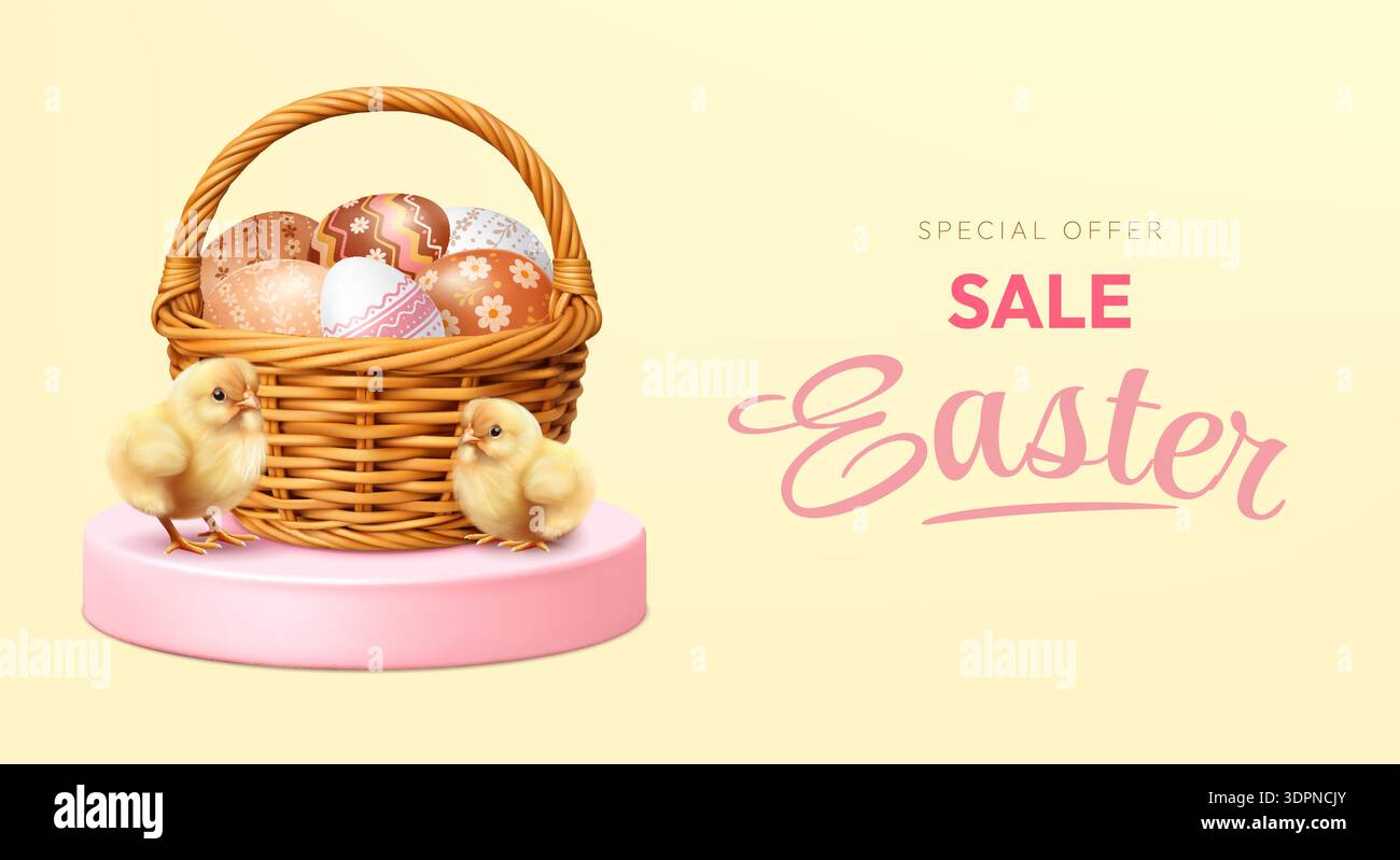 Bannière de vente de Pâques avec panier et poussins Illustration de Vecteur