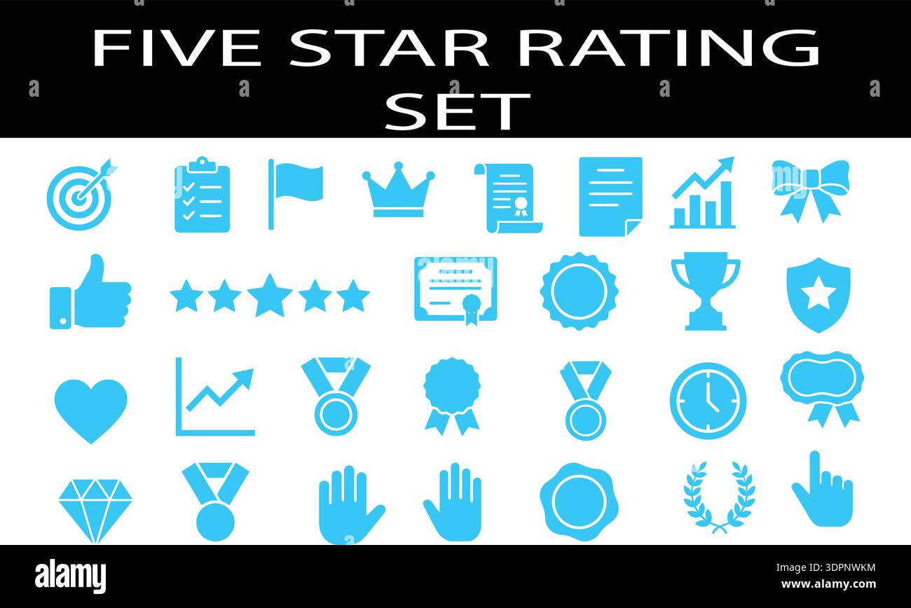 Cinq étoiles Rating Flat icônes ensemble de vecteurs modifiables, récompense, médaille, certificat, examen et symboles de réalisation de qualité Illustration de Vecteur