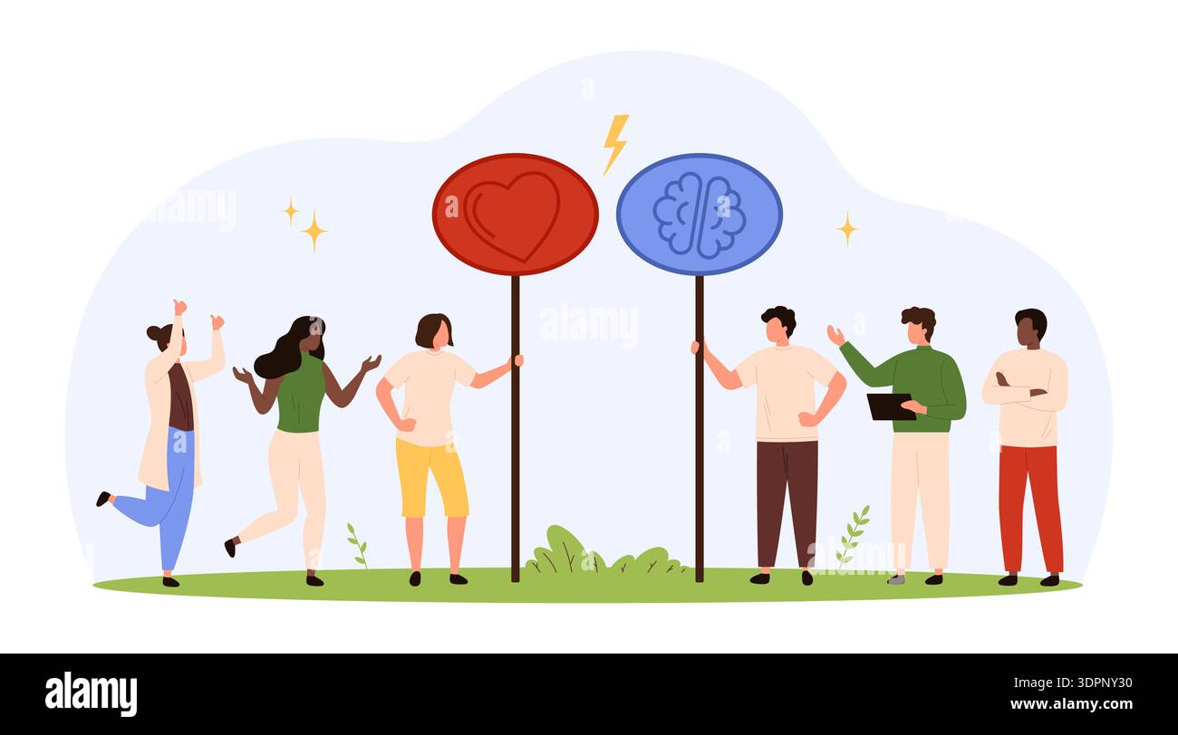 Les gens choisissent entre les émotions cardiaques et la pensée cérébrale logique, le concept de prise de décision, l'intelligence émotionnelle, le travail d'équipe et la psychologie, isolés sur fond blanc illustration vectorielle Illustration de Vecteur