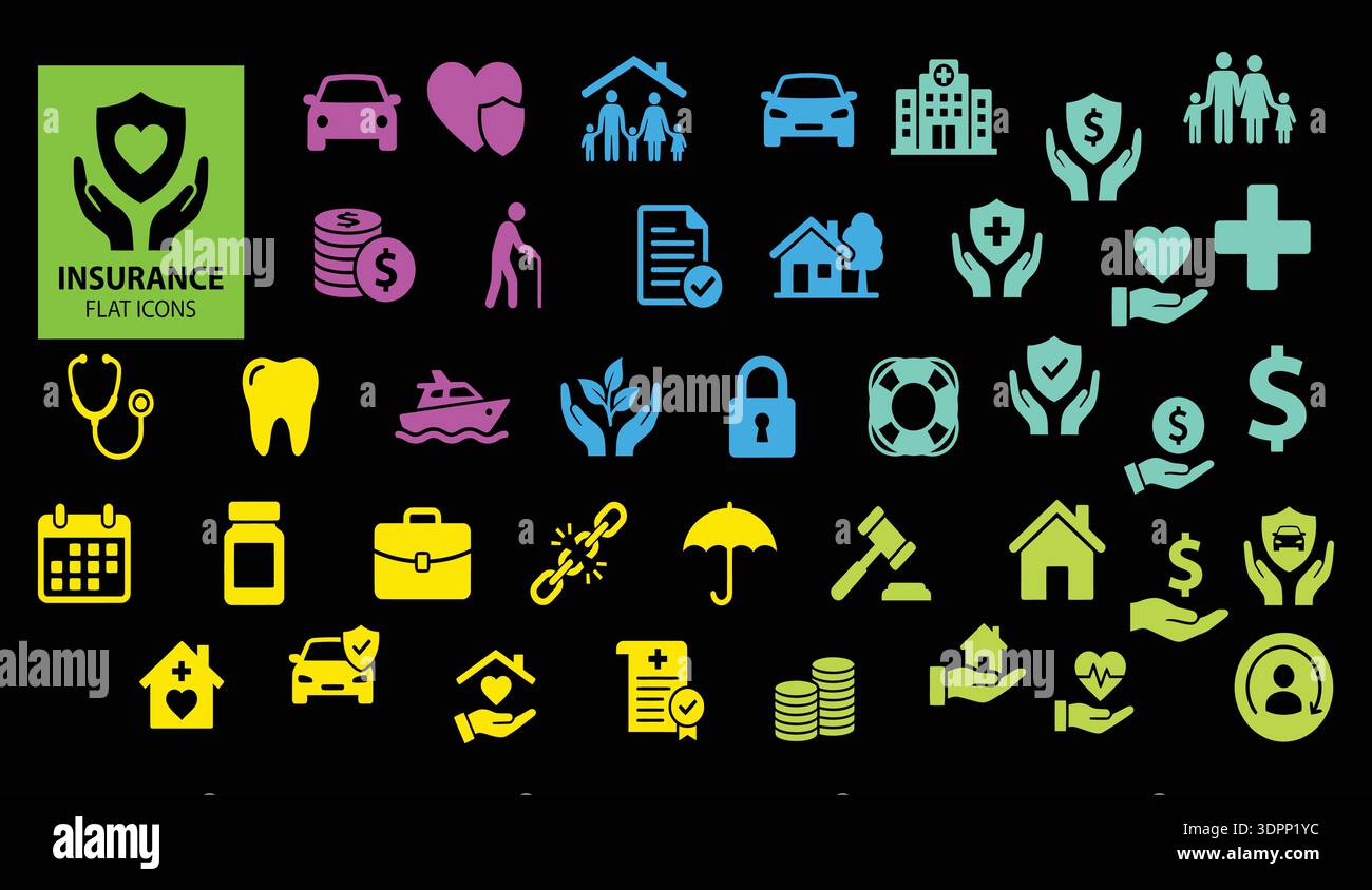 Jeu d'icônes plat d'assurance – collection de vecteurs modifiable de santé, vie, voiture, habitation et protection financière Illustration de Vecteur