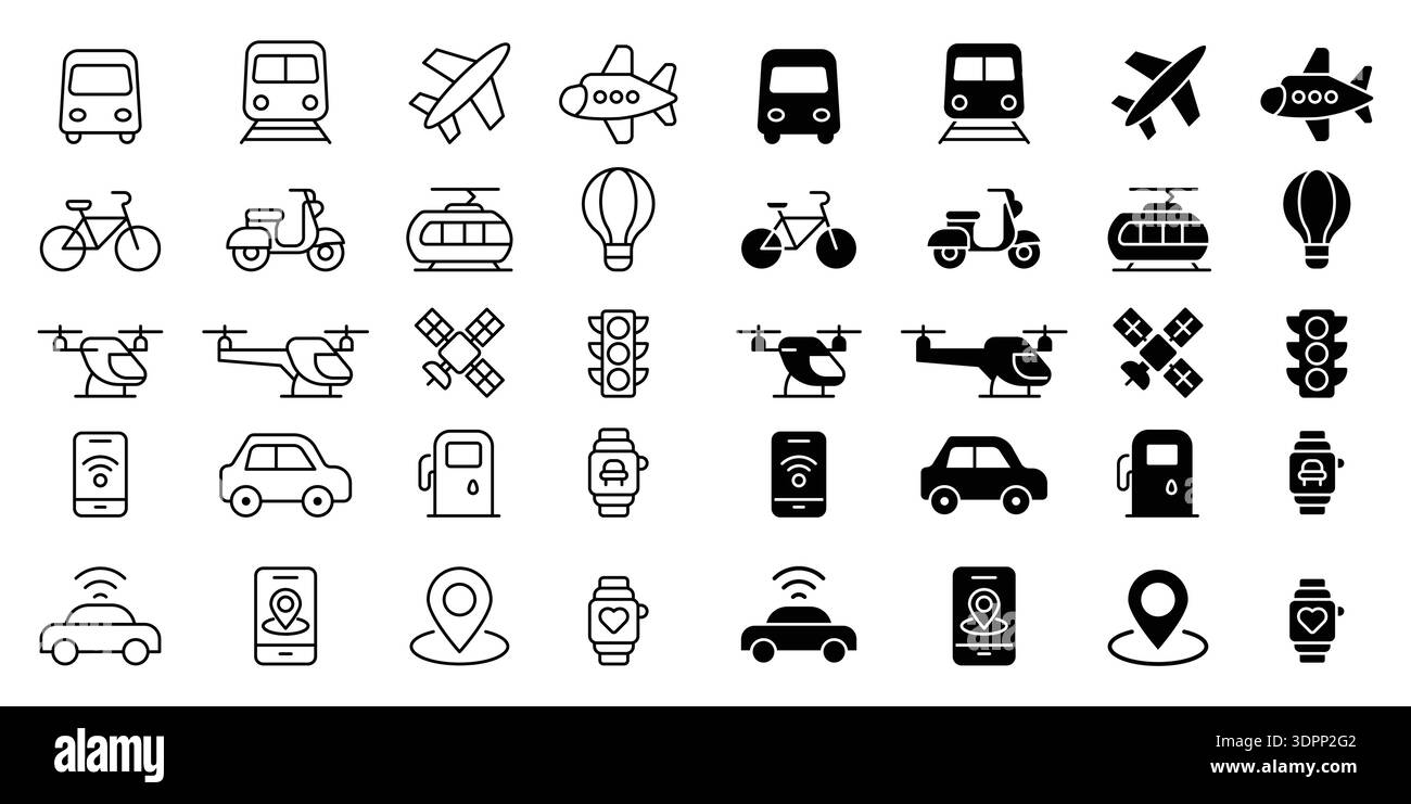 Cette image présente une collection diversifiée d'icônes des transports, y compris des véhicules et des vélos, représentant divers modes de transport dans un minim Illustration de Vecteur