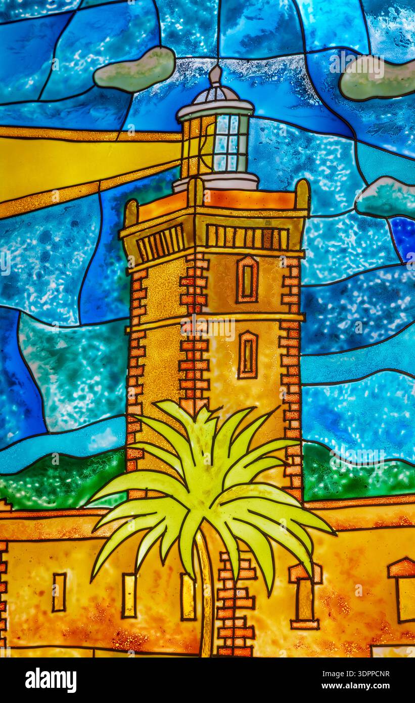 Vitrail, phare du cap Spartal, Tanger, Maroc, Afrique du Nord Banque D'Images