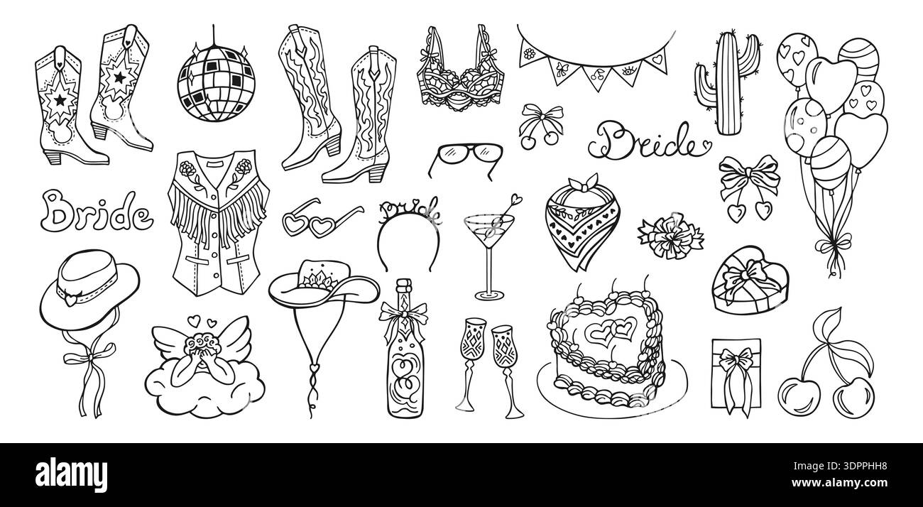 Cowgirl dessinée à la main et illustration de cow-boy dans le style de ligne de coquette doodle. Vintage fantaisistes symboles occidentaux avec des arcs, des bottes, des chapeaux cactus. Jolie ligne rétro art Texas Charm trendy Girly esthétique Illustration de Vecteur