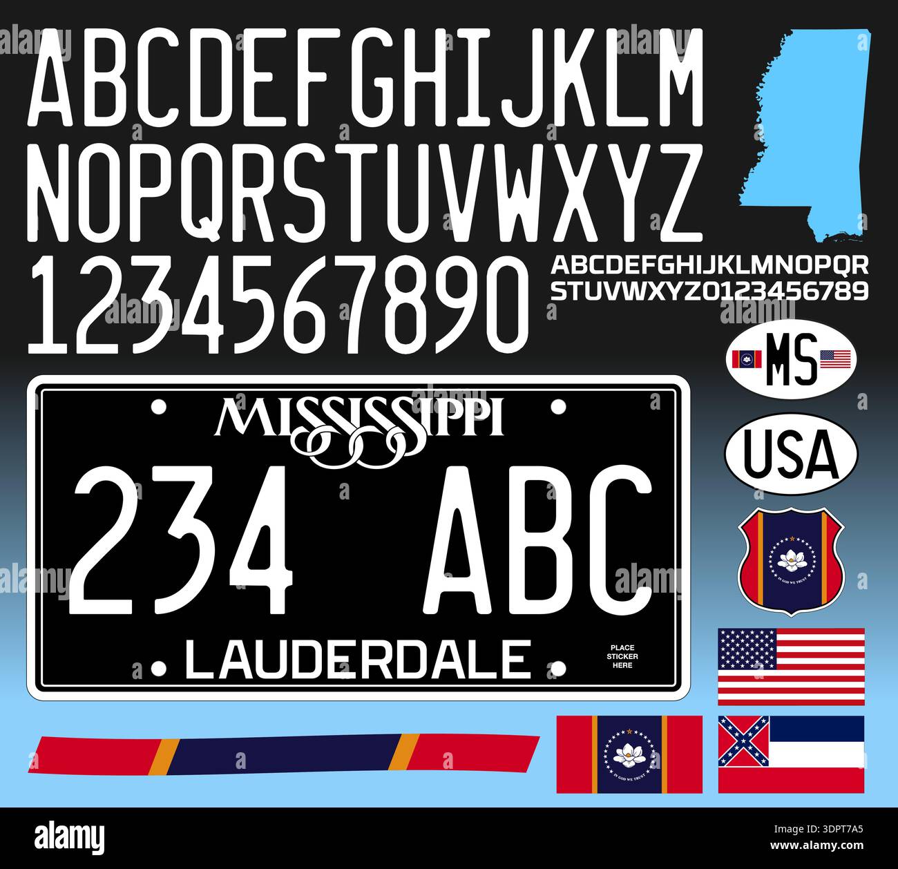 Mississippi US State Blackout plaque d'immatriculation de voiture nouveau modèle avec des lettres, des chiffres et des symboles, illustration vectorielle, USA Illustration de Vecteur