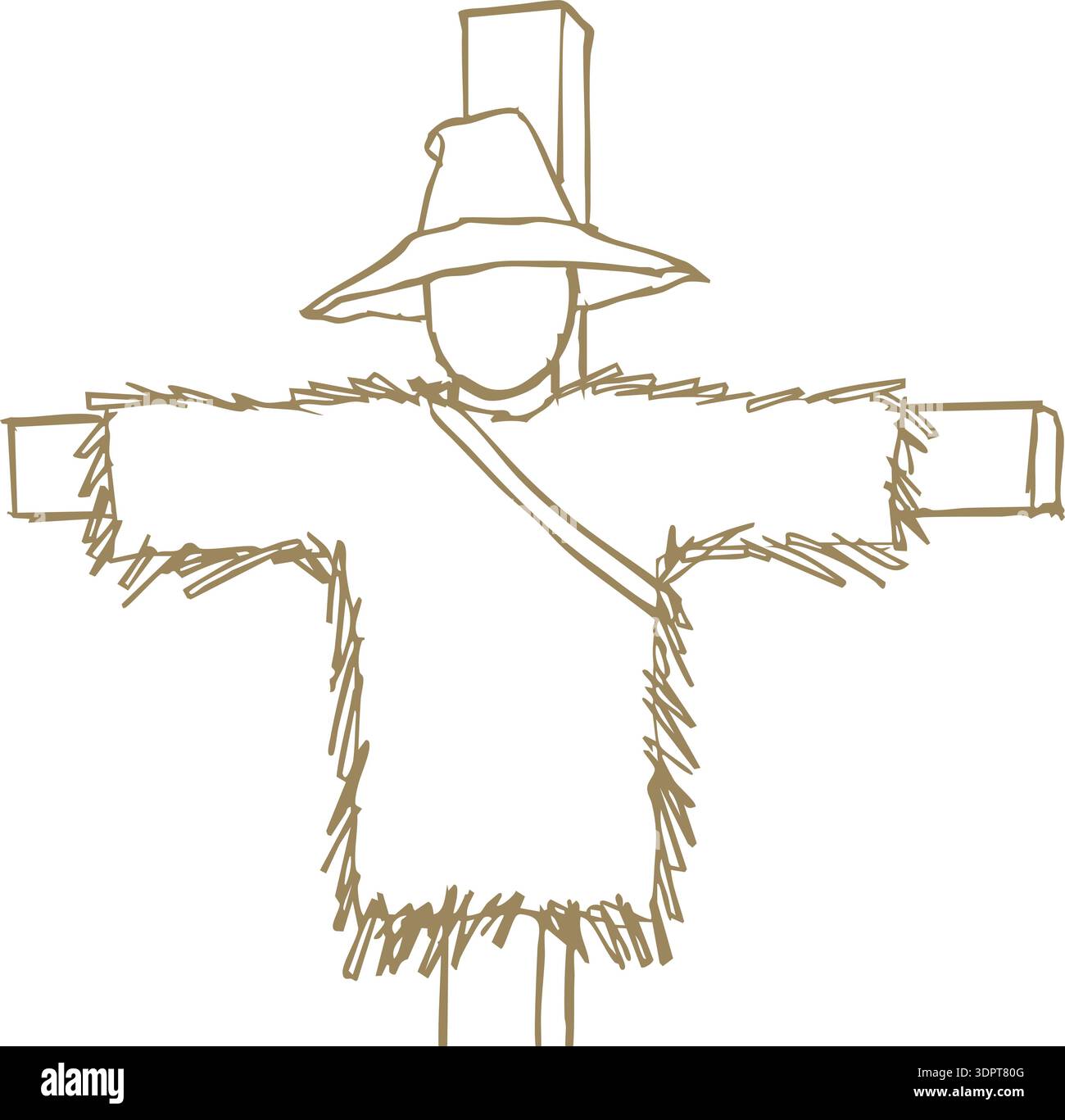 Croquis au trait d'un épouvantail avec les bras tendus portant un chapeau et des vêtements déchiquetés Illustration de Vecteur