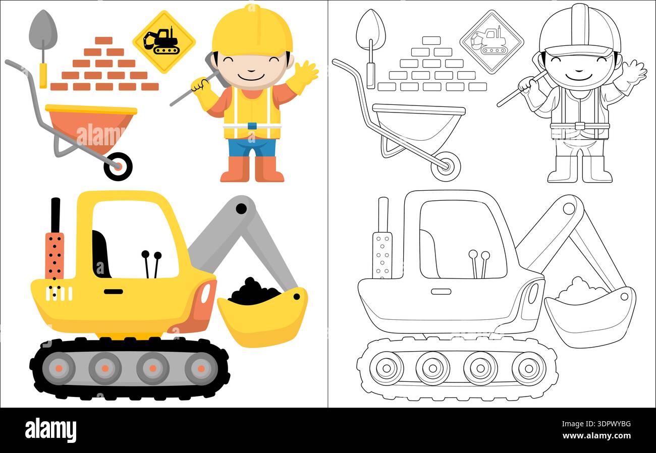 Constructeur avec excavatrice, brouette, briques et version de page de coloriage. Illustration de Vecteur