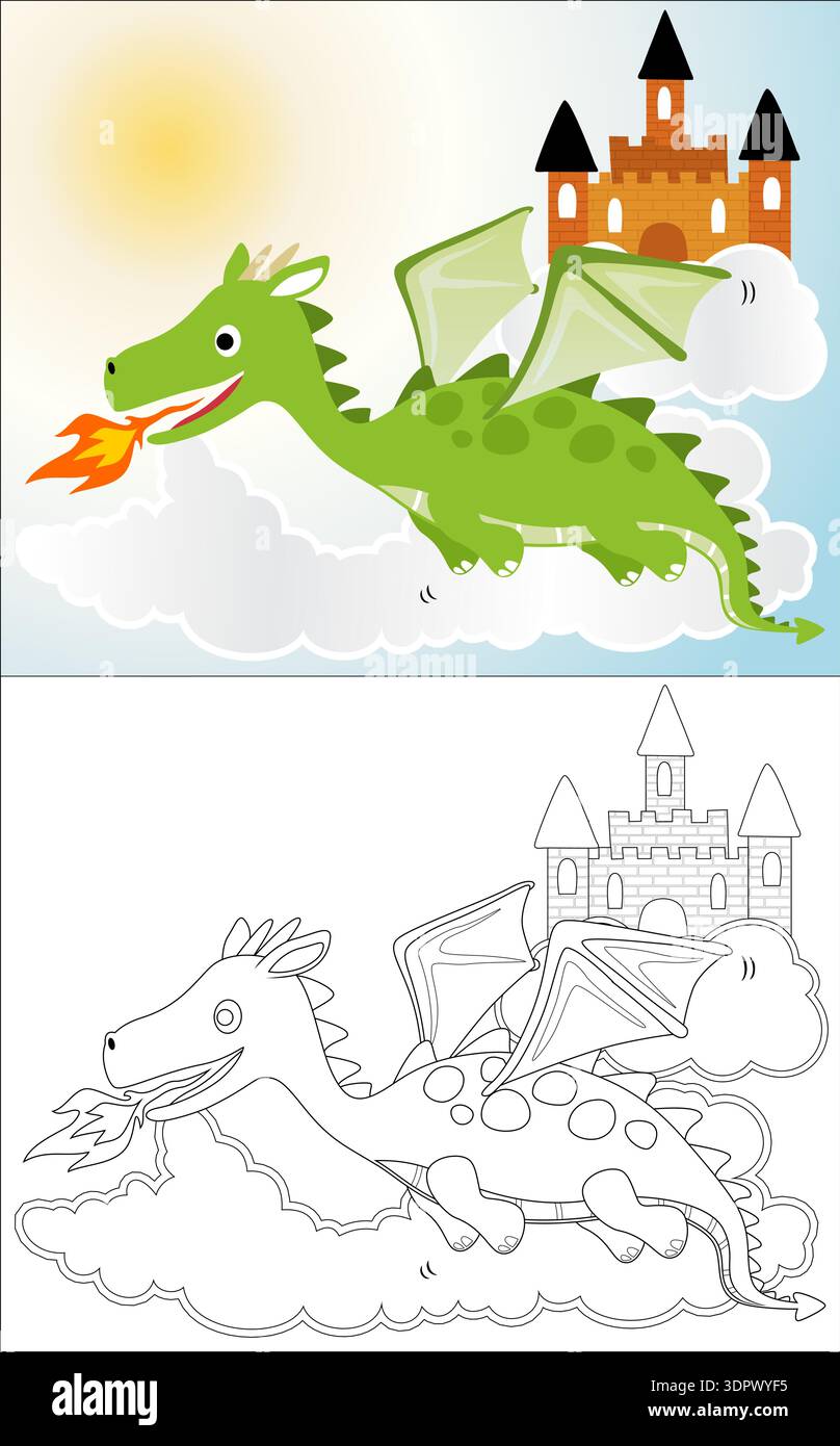 Dragon vert respirant le feu volant près d'un château de dessins animés. Illustration de Vecteur