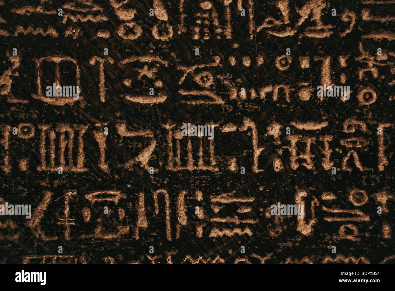 Hiéroglyphes égyptiens antiques sur pierre - sarcophage, écriture picturale. Macro gros plan. Exposition au musée. Contenu éducatif, historique, culturel. Banque D'Images