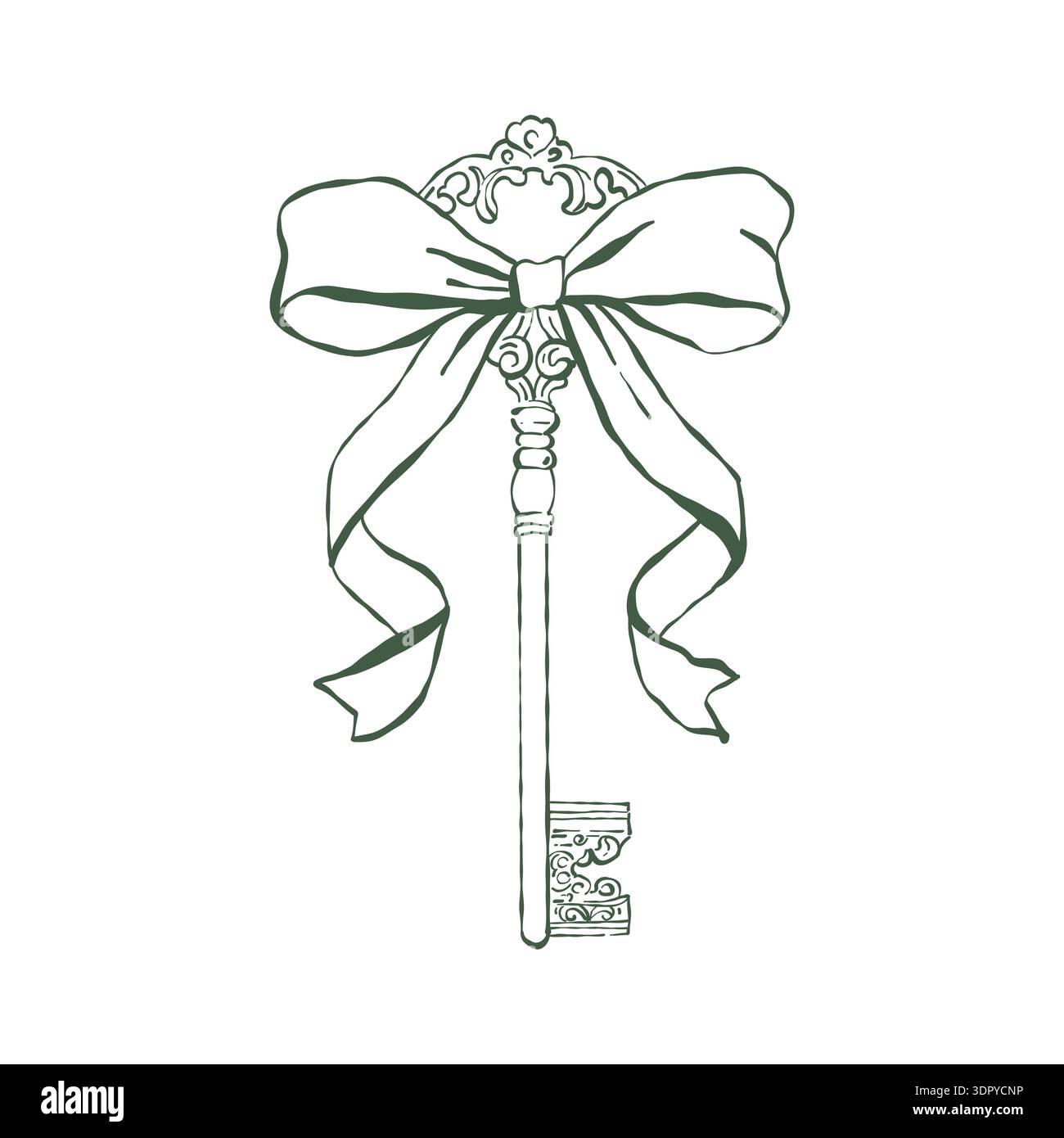 Illustration de ligne dessinée à la main d'une clé vintage ornée avec un noeud décoratif. Un design romantique et classique pour la Saint-Valentin, les mariages et les thèmes de l'amour dans les styles rococo et baroque. Illustration vectorielle en vert. Illustration de Vecteur