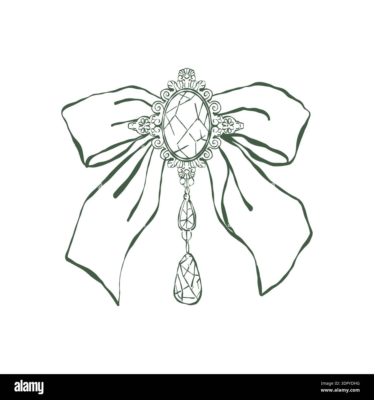 Noeud de style vintage avec un pendentif en cristal. Décoration noeud luxueuse. Noeud de ruban rétro dans le contour. Bijoux vintage pour femmes dans les styles rococo et baroque. Élégant élément de design vert. Illustration vectorielle. Illustration de Vecteur