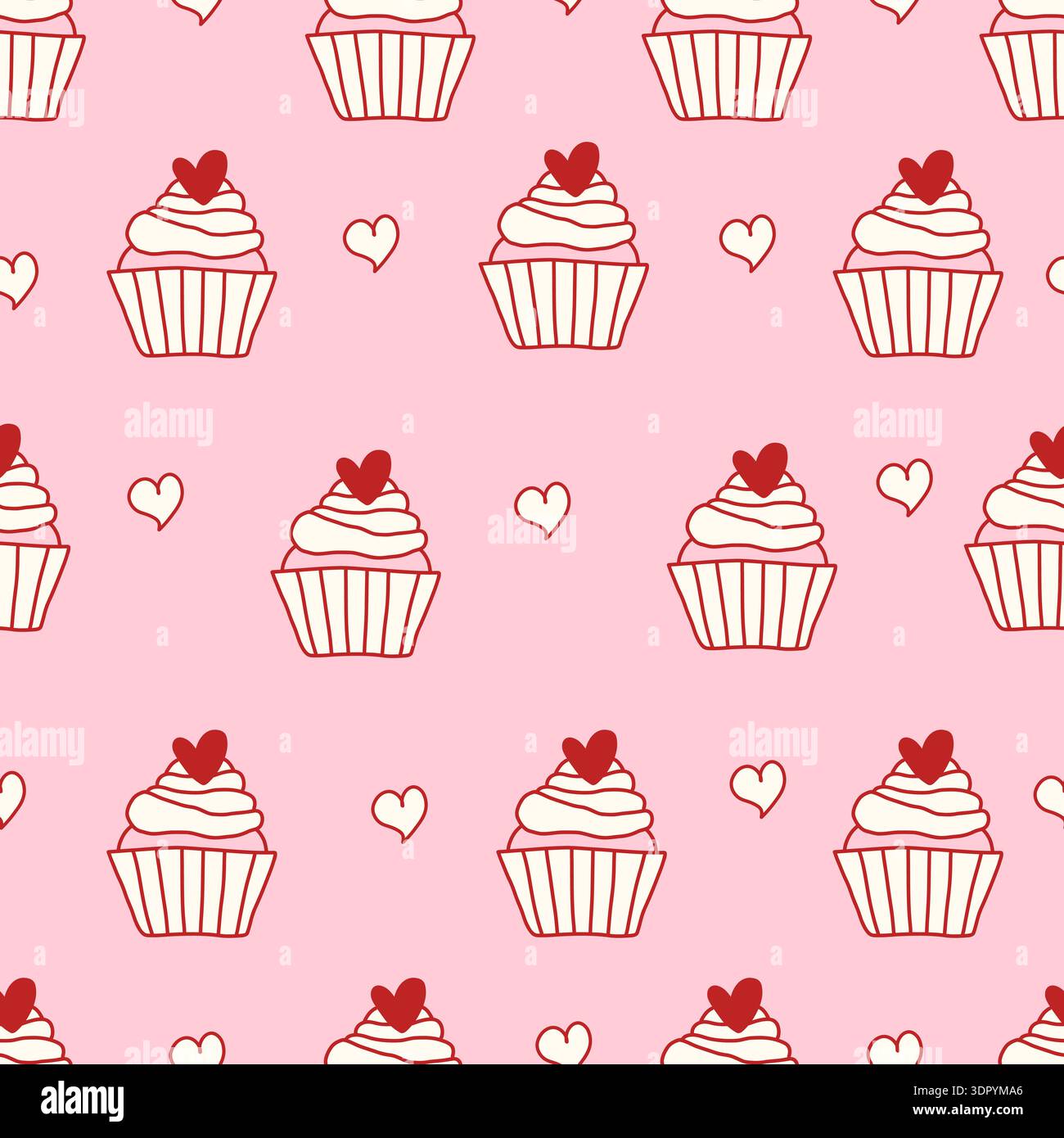 Motif de coquette sans couture avec des cupcakes mignons surmontés de coeurs et de petits coeurs de doodle sur un fond rose. Design girly, romantique et ludique pour tissu, papeterie et papier d'emballage. Art vectoriel Illustration de Vecteur