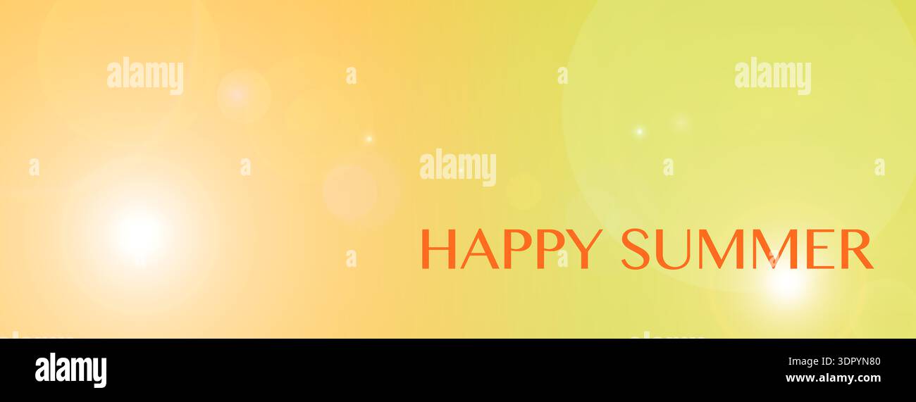 Carte de voeux Hello Summer avec texte sur fond abstrait de chlore jaune avec effet reflets de lentille, bokeh. Banque D'Images