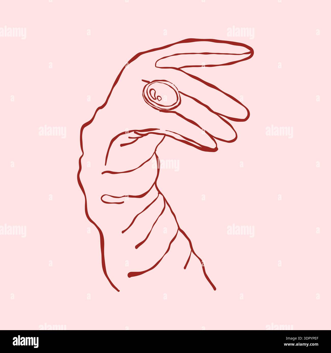 Une main de femme dans un gant vintage avec une bague antique. Illustration féminine vintage. Accessoires rétro. Clipart de contour vectoriel rouge. Illustration de Vecteur