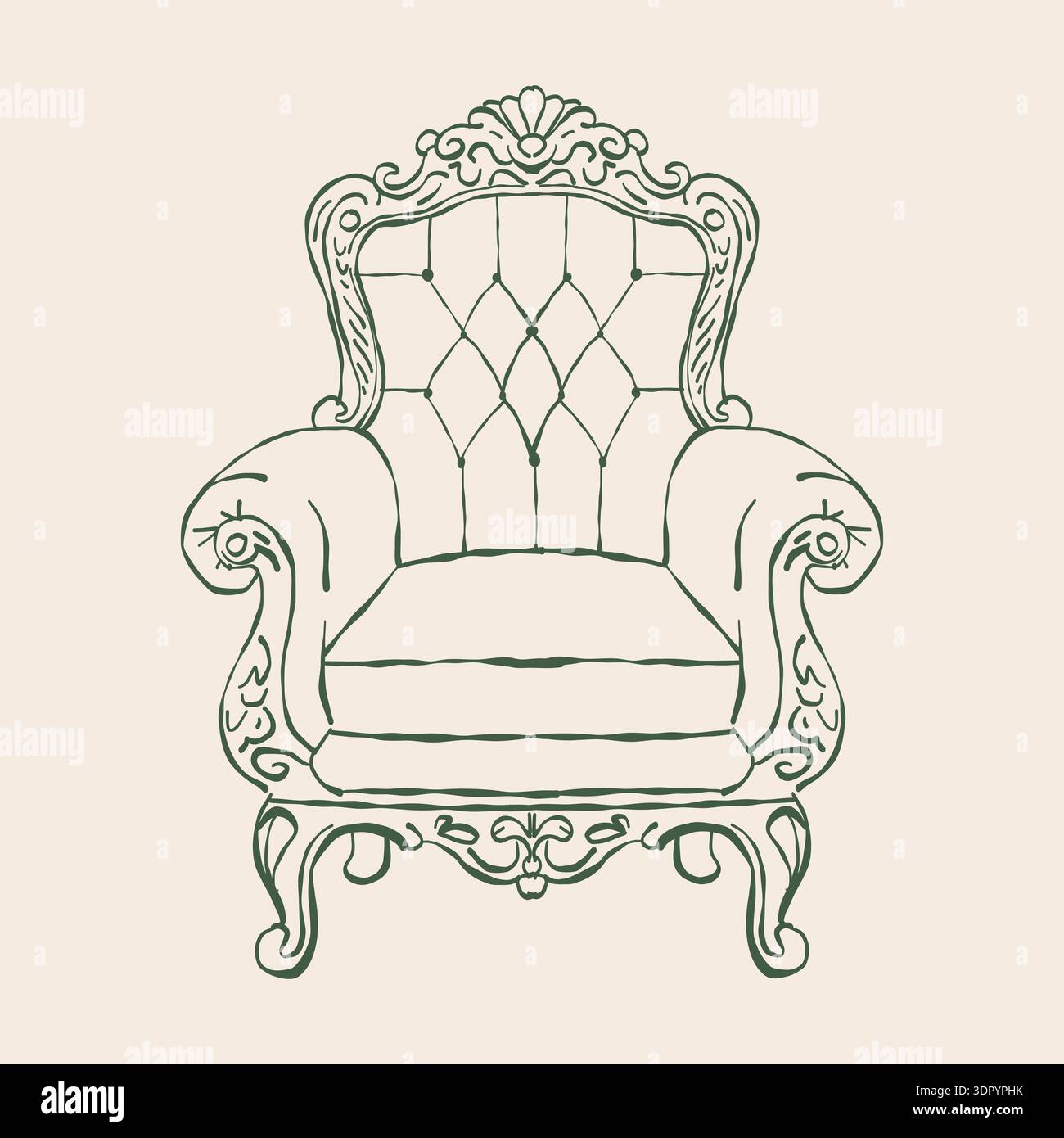 Fauteuil vintage classique. Intérieur romantique. Styles baroque et rococo. Mobilier rembourré classique. Clipart de contour vectoriel vert. Illustration rétro dessinée à la main. Illustration de Vecteur