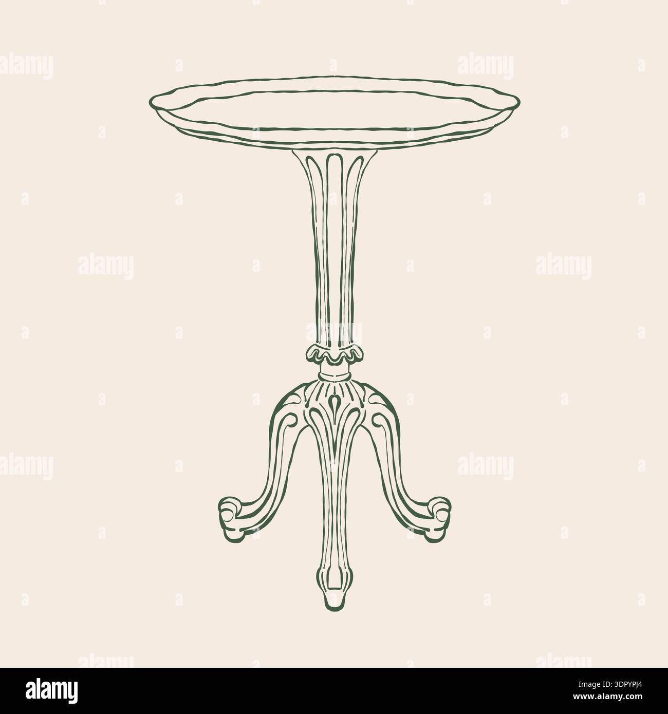 Croquis dessiné à la main d'une table antique dans le style baroque ou rococo. Illustration vectorielle de meubles rétro. Clipart de table basse classique. Accessoire intérieur vintage. Illustration de Vecteur