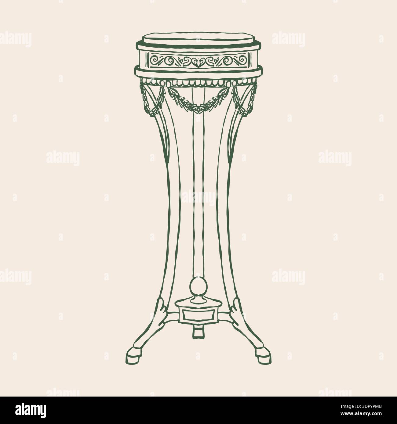 Croquis dessiné à la main d'une table antique dans le style baroque ou rococo. Illustration vectorielle de meubles rétro. Clipart de table basse classique. Accessoire intérieur vintage. Illustration de Vecteur
