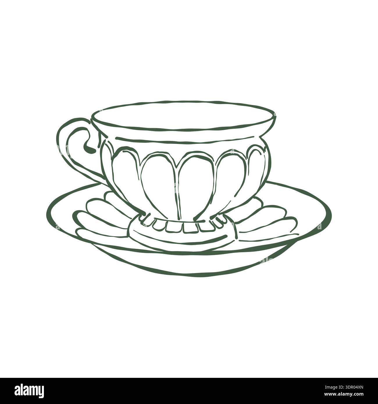 Illustration d'art au trait d'un service à thé classique et élégant. Vintage, dessin fantaisiste d'une tasse et d'une soucoupe. Graphiques vectoriels. Clipart de contour vectoriel en vert Illustration de Vecteur