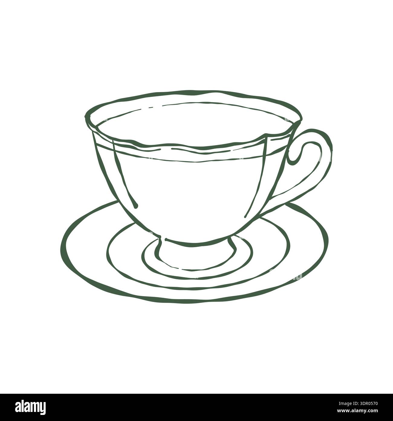 Illustration d'art au trait d'un service à thé classique et élégant. Vintage, dessin fantaisiste d'une tasse et d'une soucoupe. Graphiques vectoriels. Clipart de contour vectoriel en vert Illustration de Vecteur
