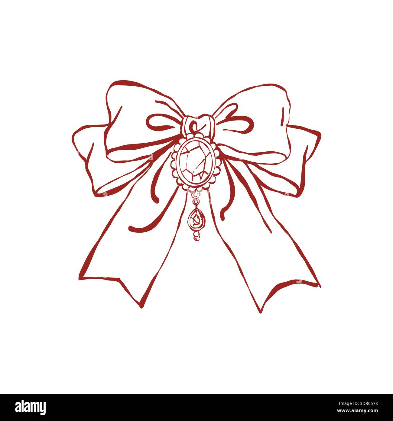 Noeud de style vintage avec un pendentif en cristal. Décoration noeud luxueuse. Noeud de ruban rétro dans le contour. Bijoux vintage pour femmes dans les styles rococo et baroque. Élégant élément de design rouge. Illustration vectorielle. Illustration de Vecteur