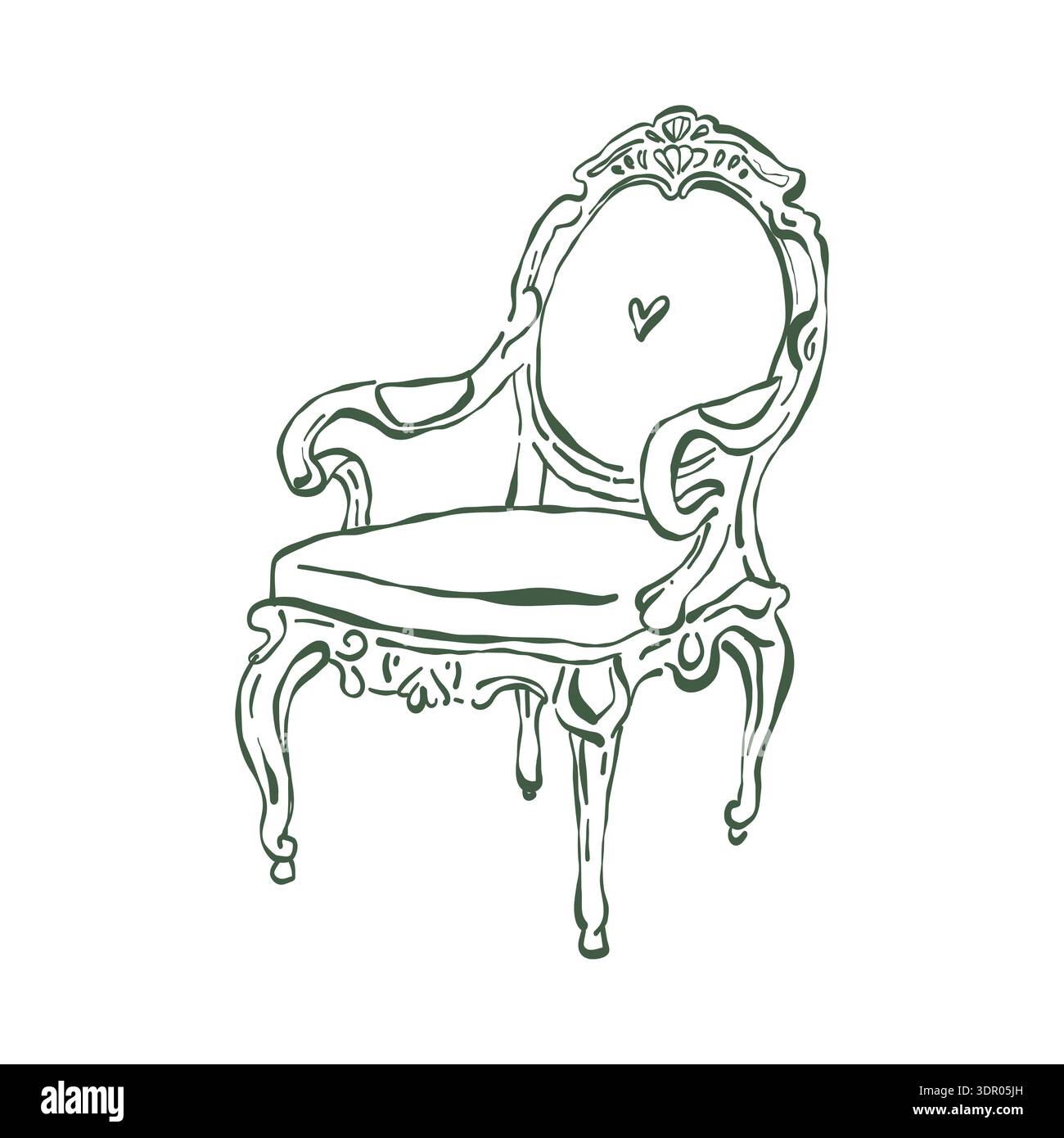 Fauteuil vintage classique. Chaise en bois sculpté. Intérieur romantique. Styles baroque et rococo. Mobilier rembourré classique. Clipart de contour vectoriel vert. Illustration rétro dessinée à la main. Illustration de Vecteur