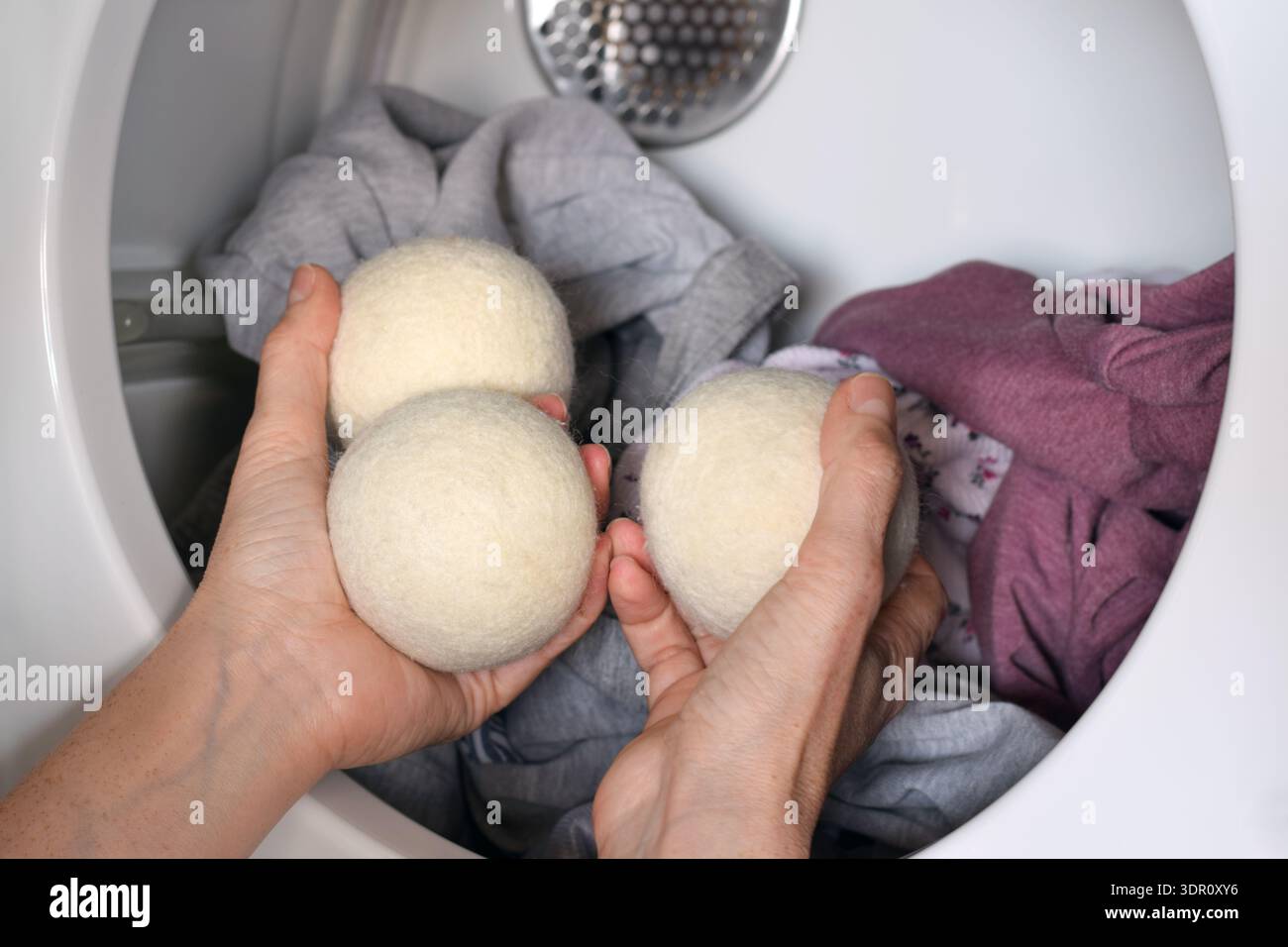 Gros plan main de femme plaçant des boules de séchage de laine réutilisables dans le sèche-linge domestique. Concept de routine de blanchisserie écologique favorisant un mode de vie durable, Banque D'Images