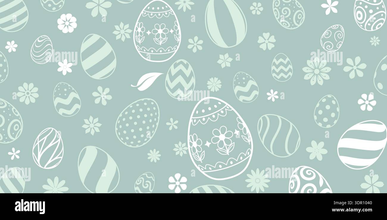 Fond de Pâques avec des œufs blancs et verts clairs, fleurs sur fond vert doux, couleurs pastel, thème de printemps. Illustration de Vecteur