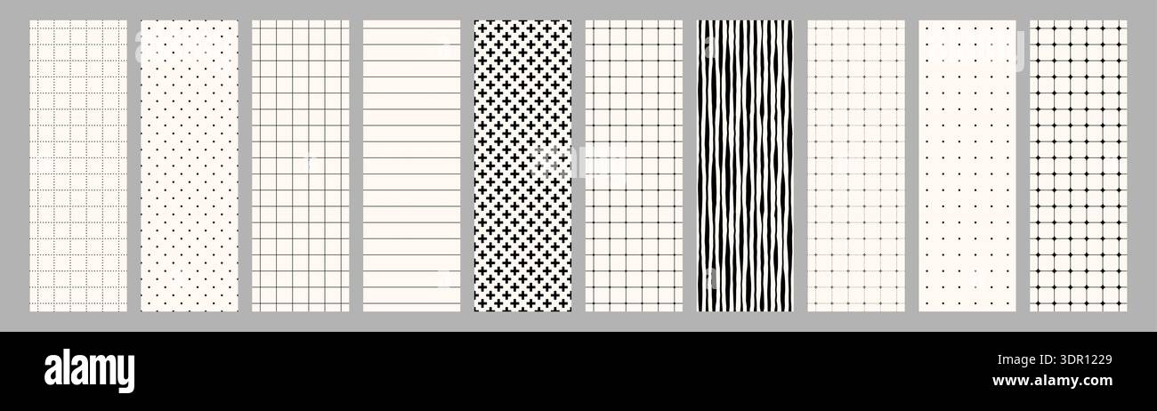 Jeu de motifs géométriques minimaux sans couture avec des grilles de points, des lignes et des textures abstraites pour les feuilles de carnet de notes, emballage, textile. Collection de fond vectoriel moderne pour la conception d'impression Web d'emballage de marque Illustration de Vecteur