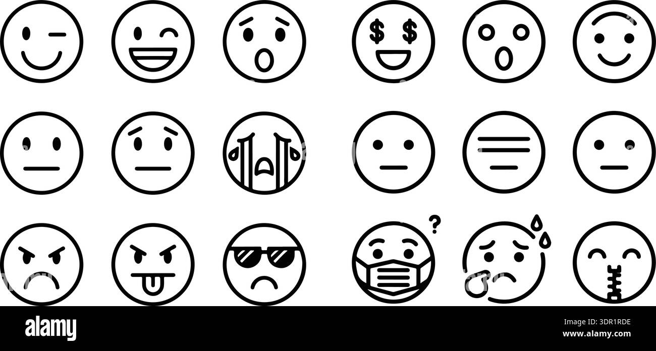 Icônes émoticônes définies. Collection emoji faces. Emojis style plat. Heureux heureux heureux, sourire, émoji neutre, triste et en colère. Visage de smiley de ligne - vecteur stock Illustration de Vecteur