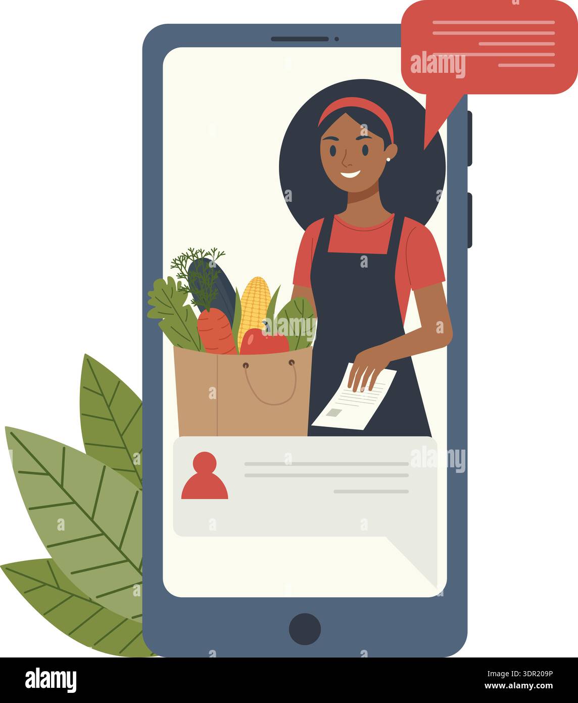 Femme caissière souriante affichée sur un écran de smartphone avec un sac d'épicerie plein de légumes et de fruits frais, symbolisant les achats en ligne, les clients s. Illustration de Vecteur
