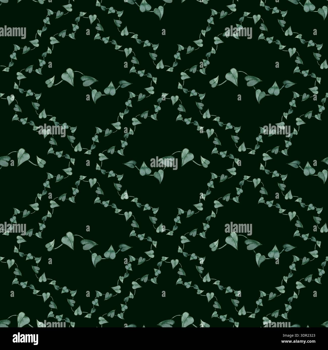 Élégant motif aquarelle sans couture avec des vignes de lierre délicates avec des feuilles en forme de cœur. Motif en treillis botanique peint à la main avec émeraude profonde Banque D'Images
