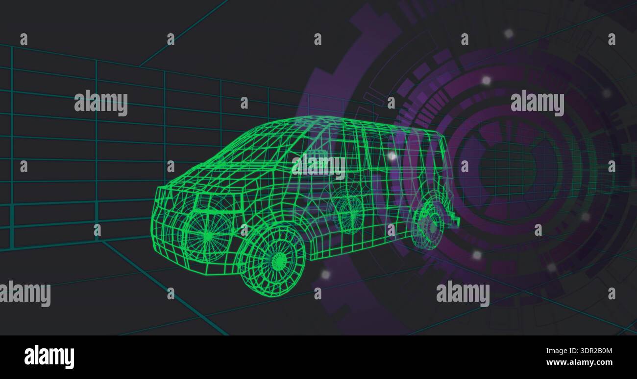 Affichage du modèle de van filaire vert néon tournant dans le studio de grille virtuelle sombre, montrant le HUD violet Banque D'Images