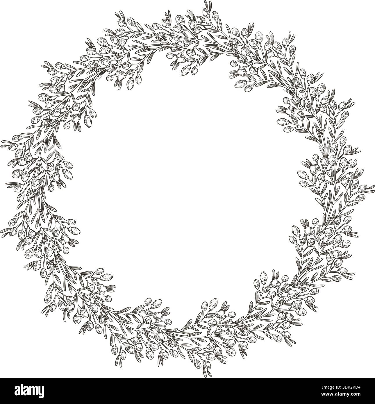 Couronne de cercle avec fleurs sauvages et espace de copie dans le style vintage esquisse. Design festif décoratif vectoriel dessiné à la main. Dessin graphique idéal pour modèle de carte de Pâques. Parfait pour la saison des fêtes de printemps. Illustration de Vecteur