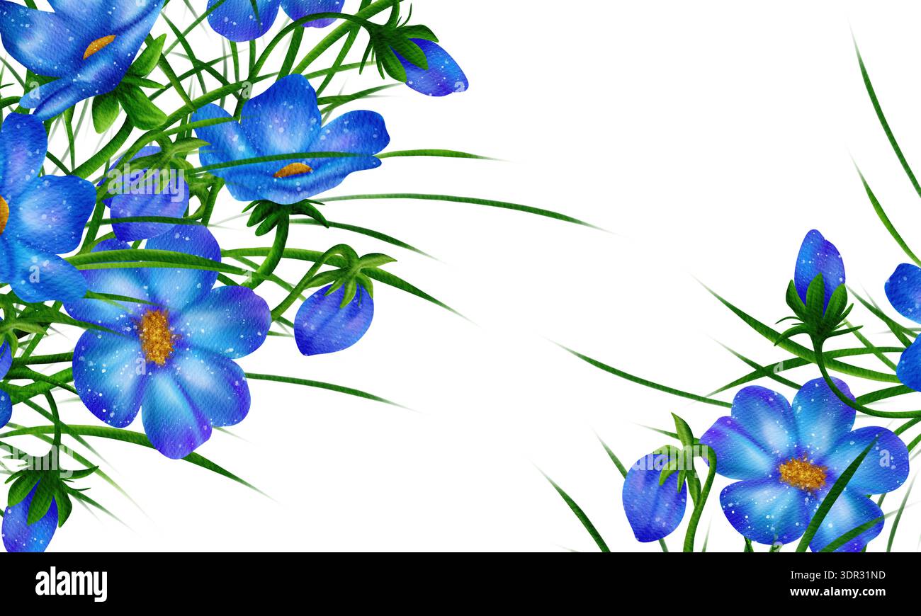 Cadre rectangulaire avec fleur d'hepatica, miroitement, plante florale, fleur de liverleaf fleurie avec feuilles vertes Banque D'Images