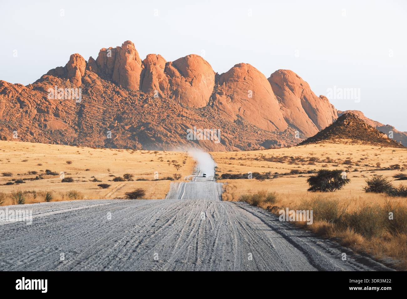 Vue d'une longue route désolée s'étendant vers de majestueuses formations rocheuses brun-rougeâtre sous un ciel pâle à Erongo, Erongo, Namibie. Banque D'Images