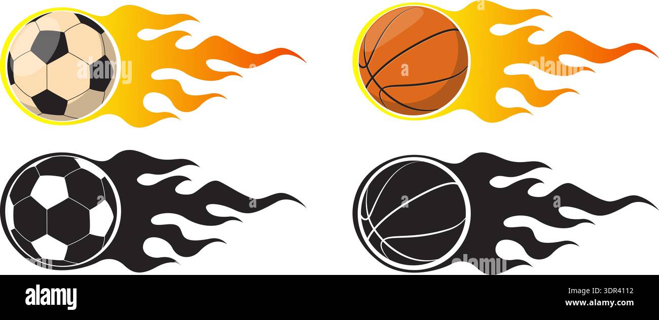Icônes de basket-ball et de football dans des flammes jaunes. Cercle silhouette football noir et blanc. Sphère en feu. Jeux de sport. Tournoi enflammé. Vitesse Illustration de Vecteur