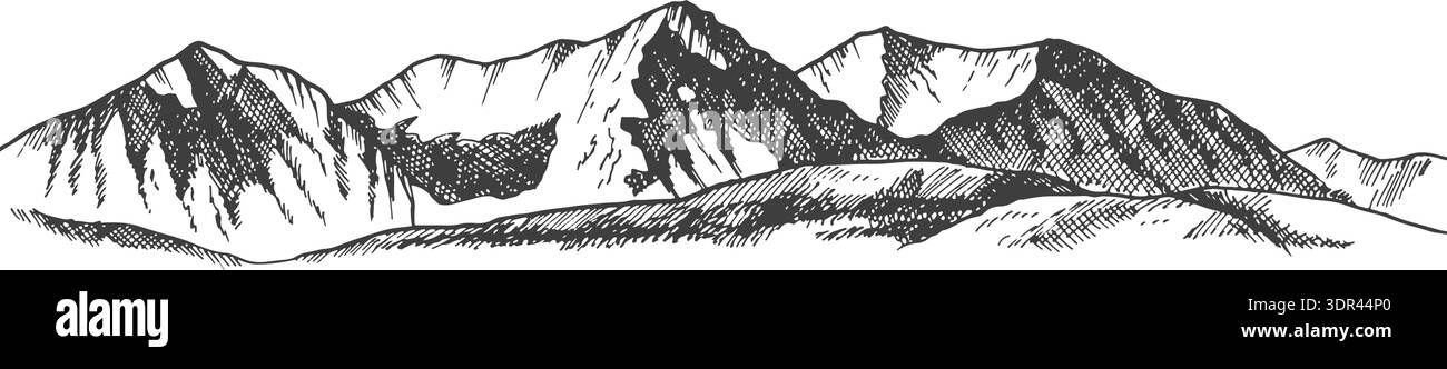 Falaises rocheuses chaîne de montagnes. Pics dessinés à la main Illustration de Vecteur
