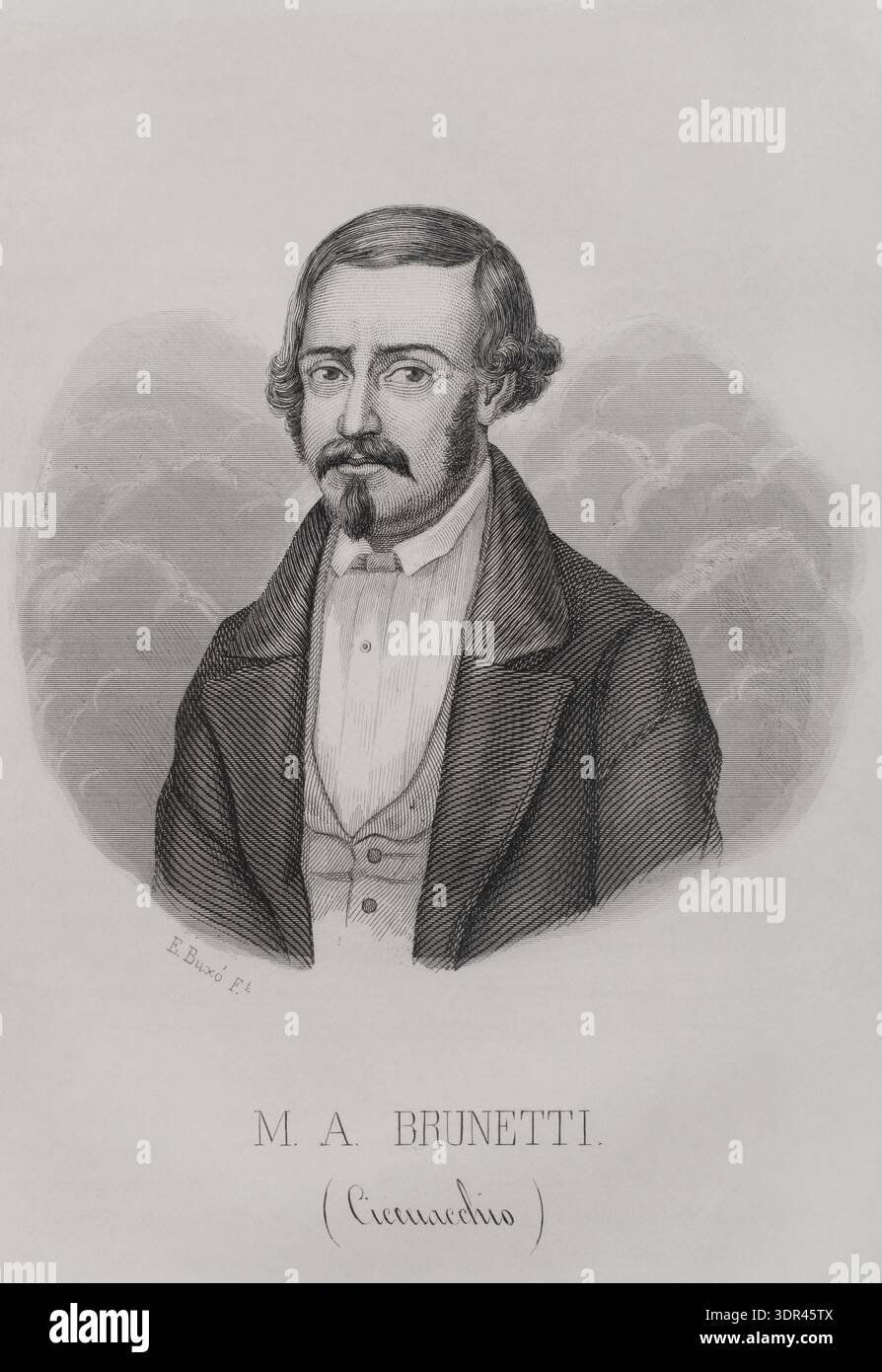 Angelo Brunetti (1800-1849), dit Ciceruacchio. Leader populaire italien qui a participé à la République romaine de 1849. Portrait. Gravure par E. Buxó. Histoire de la Révolution de Rome. Tableau religieux, politique et militaire des années 1846, 1847, 1848, 1849 et 1850 en Italie (histoire de la Révolution à Rome. Aperçu religieux, politique et militaire des années 1846, 1847, 1848, 1849 et 1850 en Italie), par Alphonse Balleydier. Volume I. Tomás Gorchs Polytechnic Printing and Bookstore, Barcelone, 1856. Banque D'Images