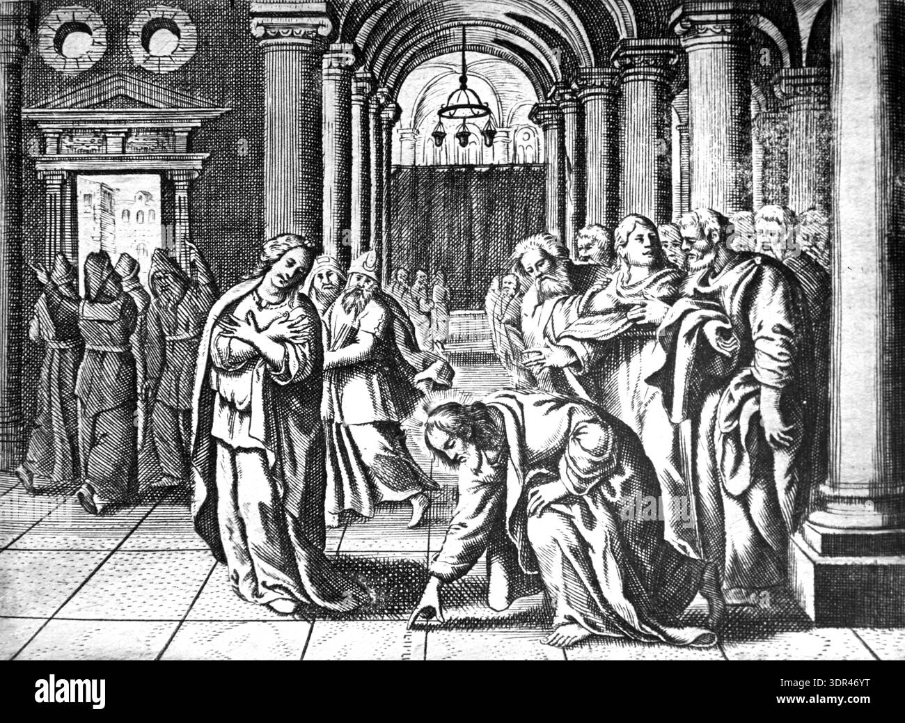 Jésus et la femme pris en adultère ou Christ et la femme adultère, dans le second Temple, Jérusalem, entourés de prêtres, de scribes et de pharisiens. Evangile de Jean 8. Illustration vintage, historique ou historique ou gravure sur bois de la Bible française 1687. Banque D'Images