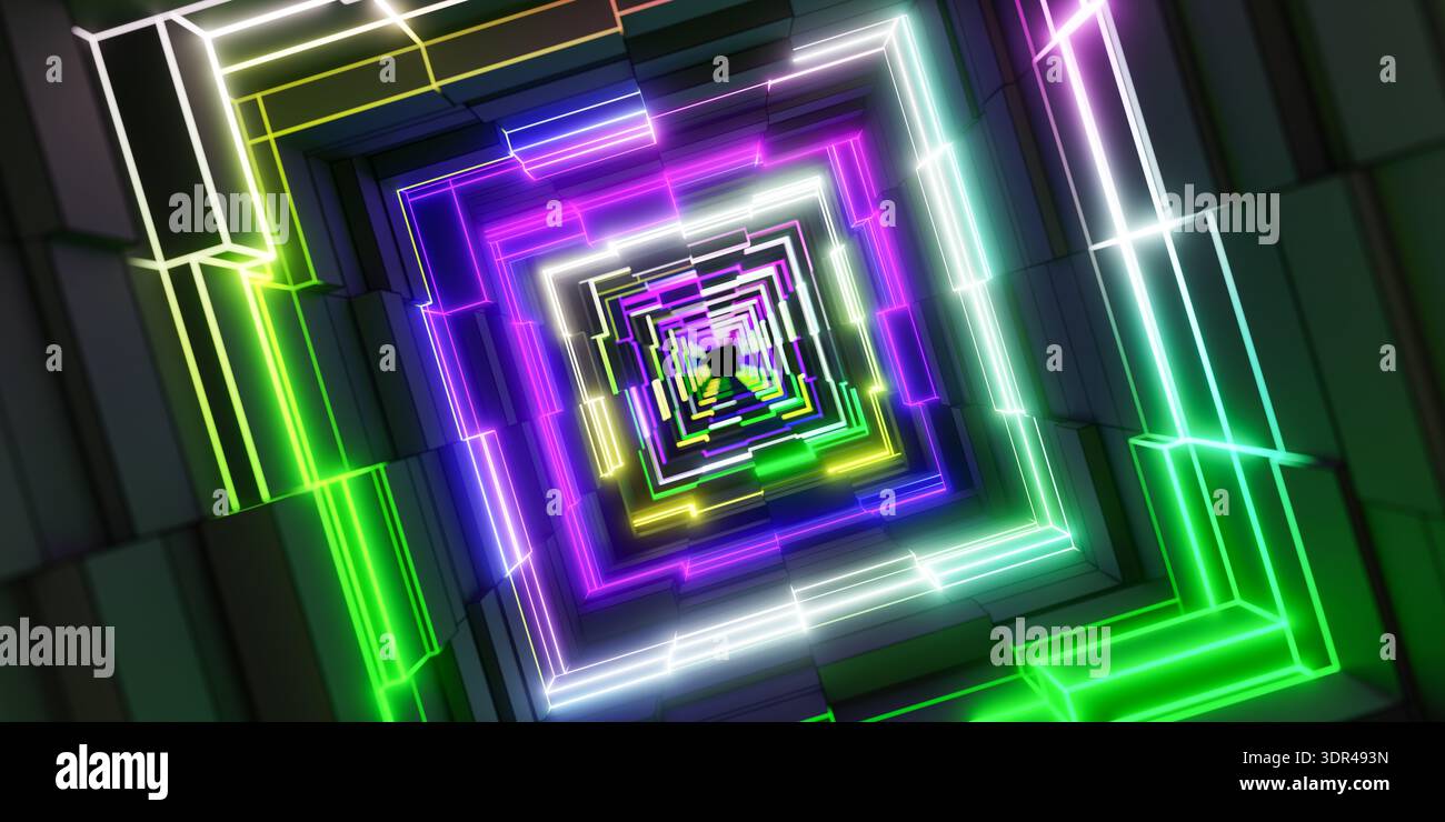 concept de jeu futuriste avec fond abstrait coloré de tunnel carré lumineux au néon avec perspective de couloir géométrique de cadre lumineux 3d illustr Banque D'Images