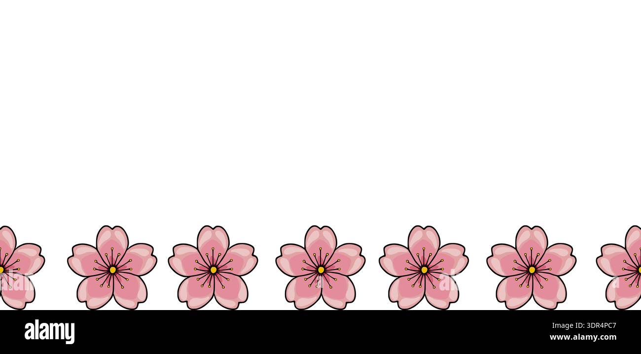 Bannière vectorielle sans couture de délicates fleurs de cerisier roses avec des centres jaunes sur un fond blanc, parfait pour le printemps et les thèmes japonais. Illustration de Vecteur