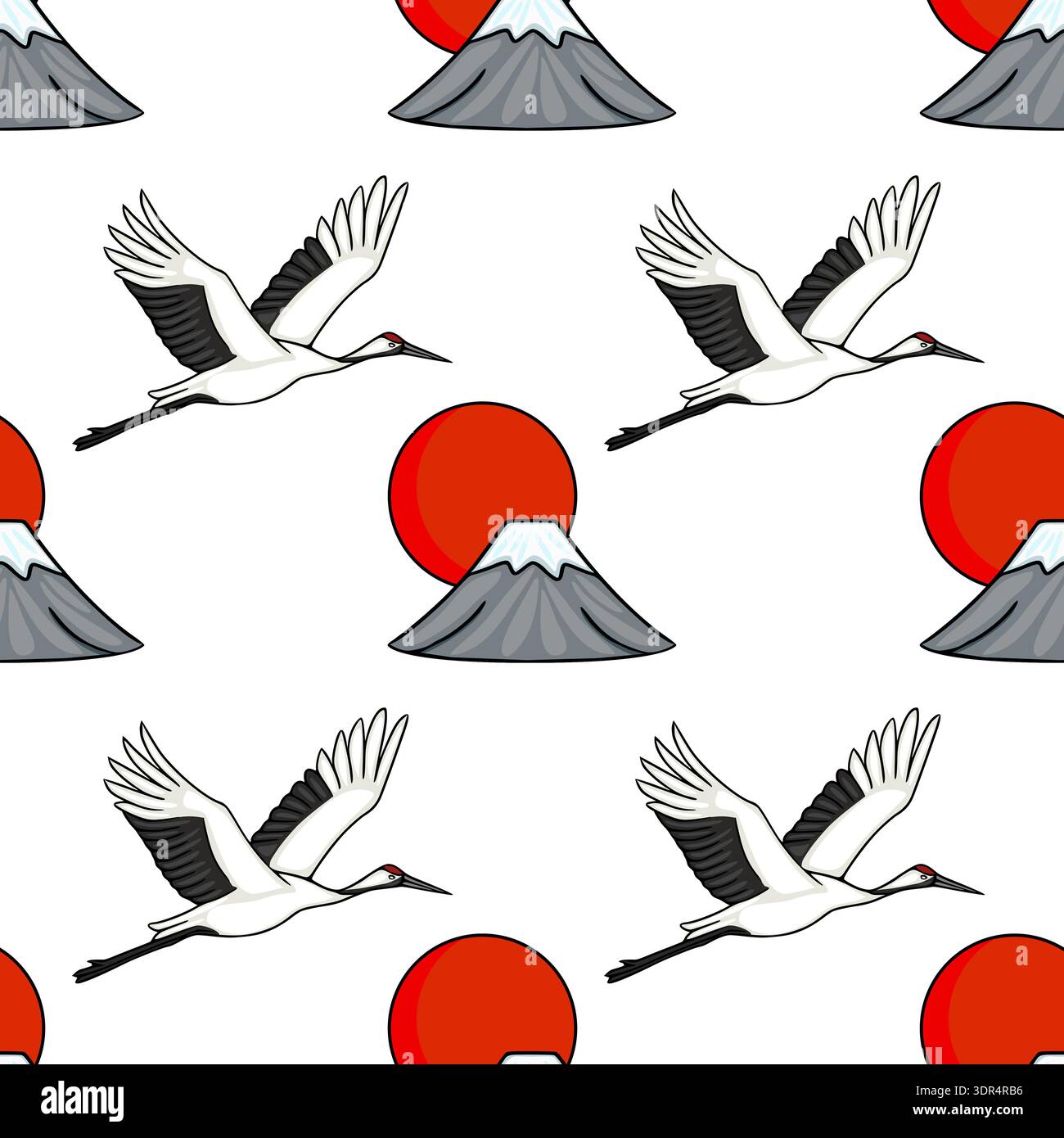 Modèle vectoriel sans couture de grues japonaises volant au-dessus du mont Fuji avec un soleil rouge Illustration de Vecteur