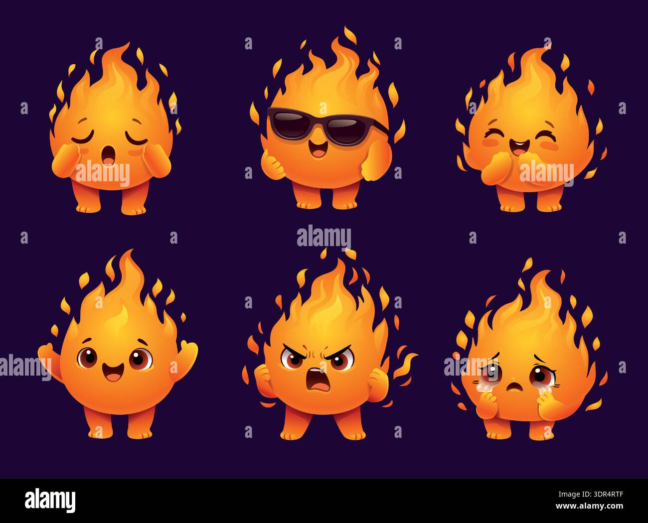 Personnage de feu. Mascotte de flamme de dessin animé mignonne avec visage drôle et étincelles, emoji kawaii blaze joyeux, endormi, en colère et heureux, expression en pleurs. Alimentation Illustration de Vecteur