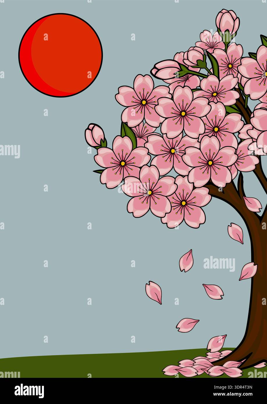 Illustration vectorielle vibrante d'un arbre en fleurs de cerisier avec des pétales tombants et un soleil rouge. Illustration de Vecteur