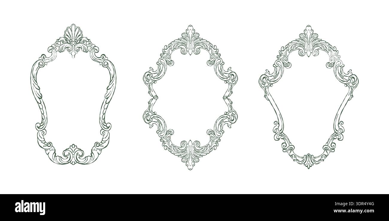 Un ensemble vintage de cadres dans les styles baroque et rococo. Cadres classiques avec des tourbillons dessinés à la main de feuilles et de fleurs. Cadres fantaisistes de style victorien pour invitations et cartes de mariage. Illustration vectorielle en vert. Illustration de Vecteur