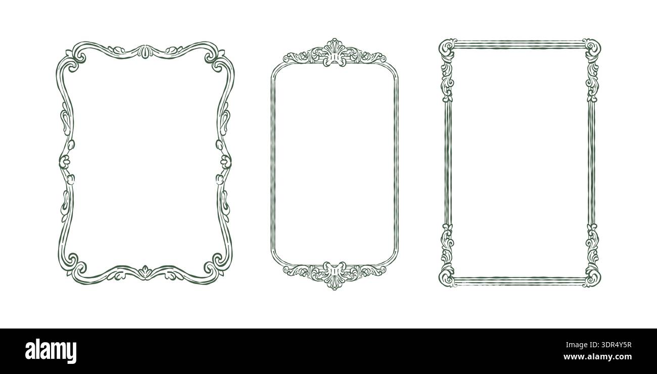 Un ensemble vintage de cadres dans les styles baroque et rococo. Cadres classiques avec des tourbillons dessinés à la main de feuilles et de fleurs. Cadres fantaisistes de style victorien pour invitations et cartes de mariage. Illustration vectorielle en vert. Illustration de Vecteur