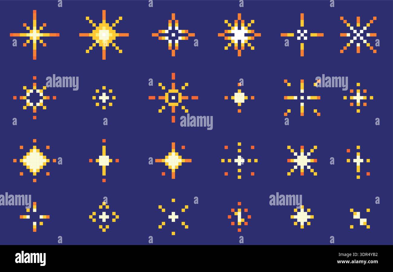 Icônes Pixel STAR 8 bits. rétro des années 80 étincelles pixel art, étincelant emoji. Jeu vidéo d'arcade pixellisé feu d'artifice éclat, l'espace de nuit magique scintillement. Jaune 90s. Illustration de Vecteur