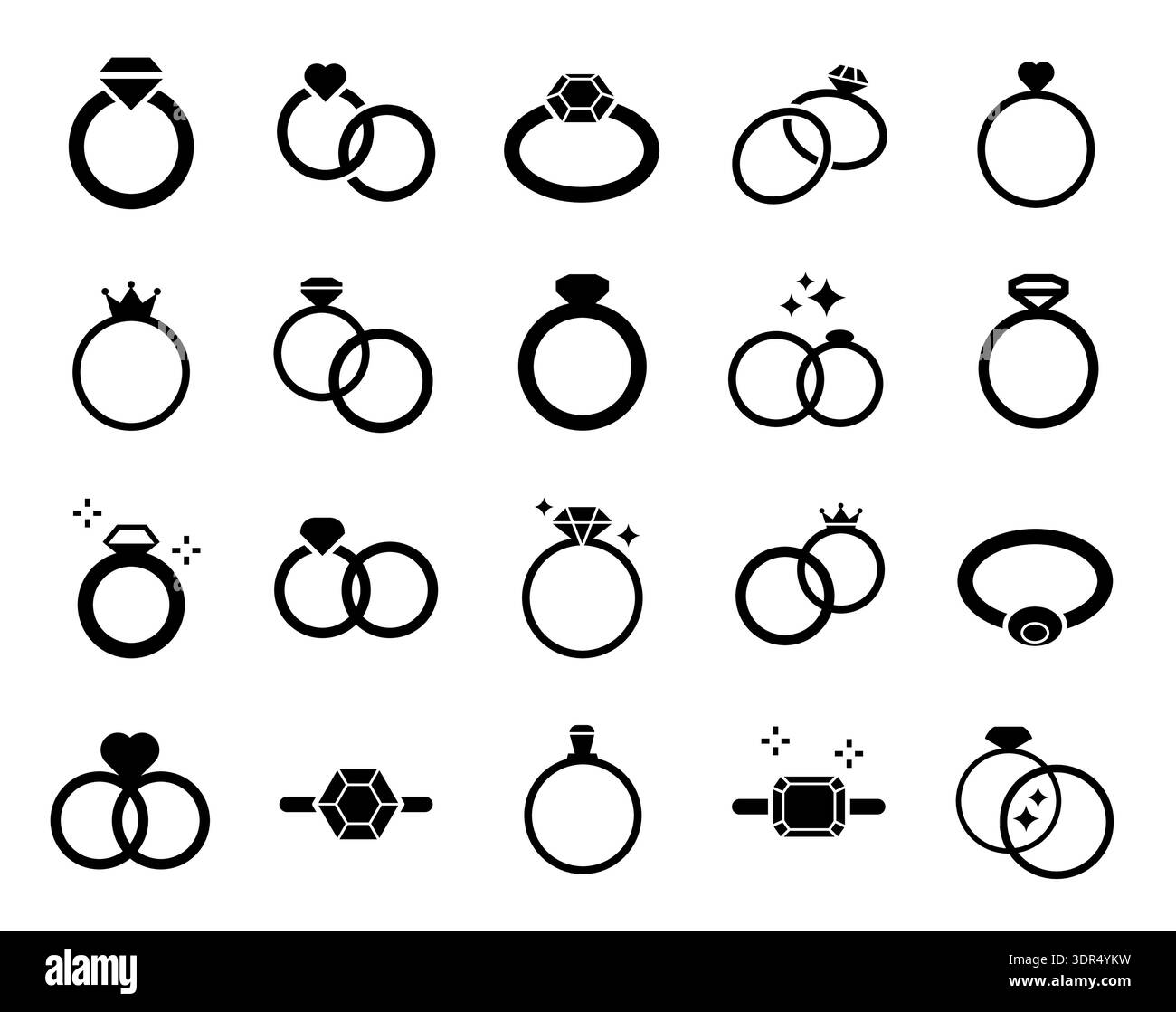 Icônes de bague d'engagement. Anneaux entrelacés de mariage, symbole de mariage et d'amour pour la carte d'invitation d'anniversaire, décoration de lune de miel. Vœu des jeunes mariés Illustration de Vecteur
