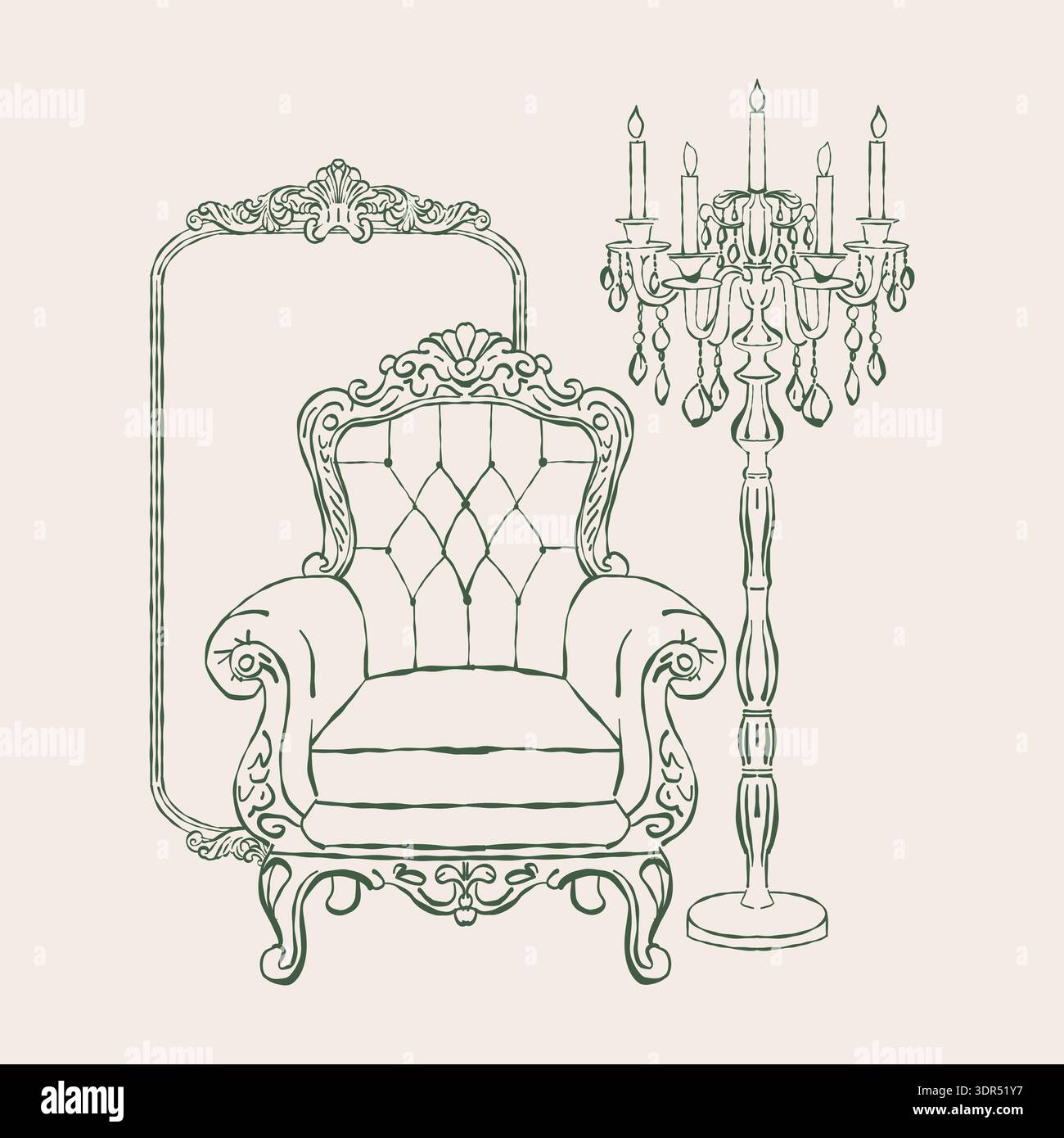 Intérieur victorien. Fauteuil vintage classique, miroir antique, lampadaire avec des candélabres et des bougies dans les styles baroque et rococo. Mobilier rembourré classique. Clipart de contour vectoriel. Illustration rétro dessinée à la main. Intérieur romantique. Illustration de Vecteur