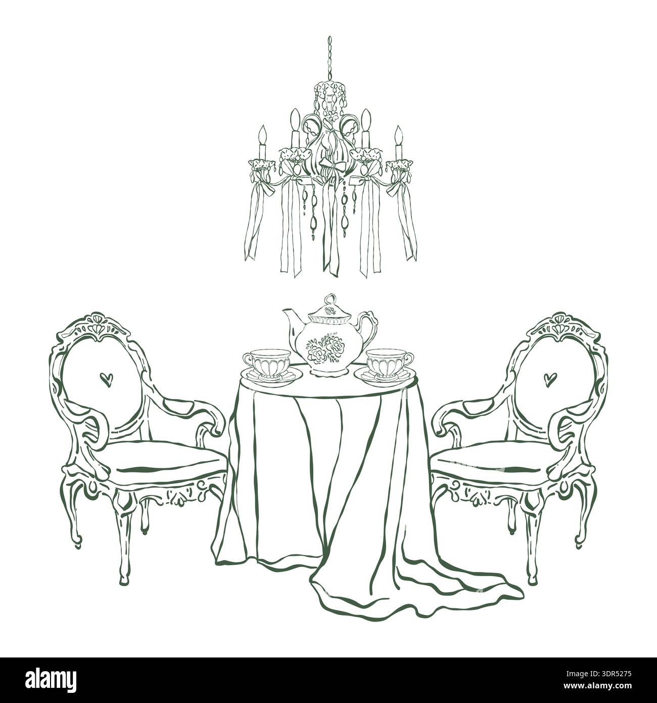 Petit déjeuner romantique, thé anglais. Table élégante, théière et tasses à thé. La composition comprend une table, des chaises, un lustre en cristal et un décor dans les styles rococo et baroque. Illustration vectorielle dessinée à la main d'un intérieur victorien de salle à manger. Illustration de Vecteur